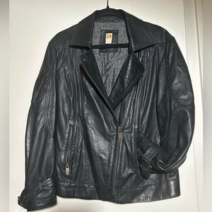 BOSS ORANGE Black Genuine Leather Biker Moto Jacket Size 12 - Staple Piece